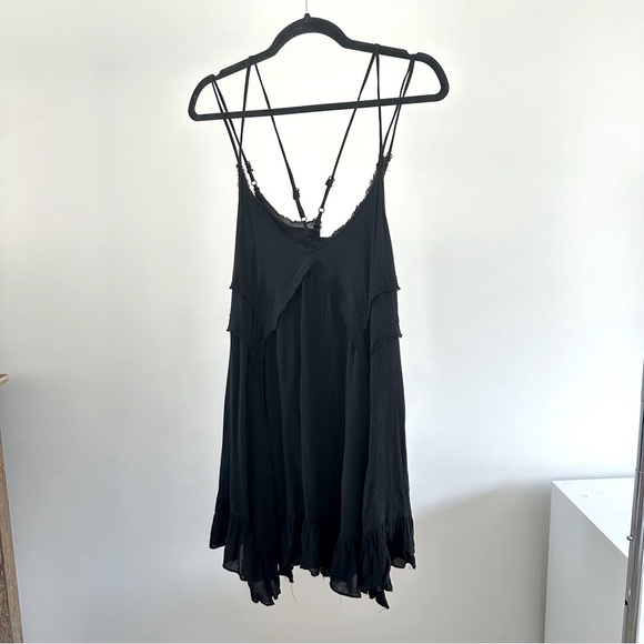 Black Flowy Layered Mini Dress Asymmetrical Hem Double Cross Back Straps Small - Picture 6 of 12